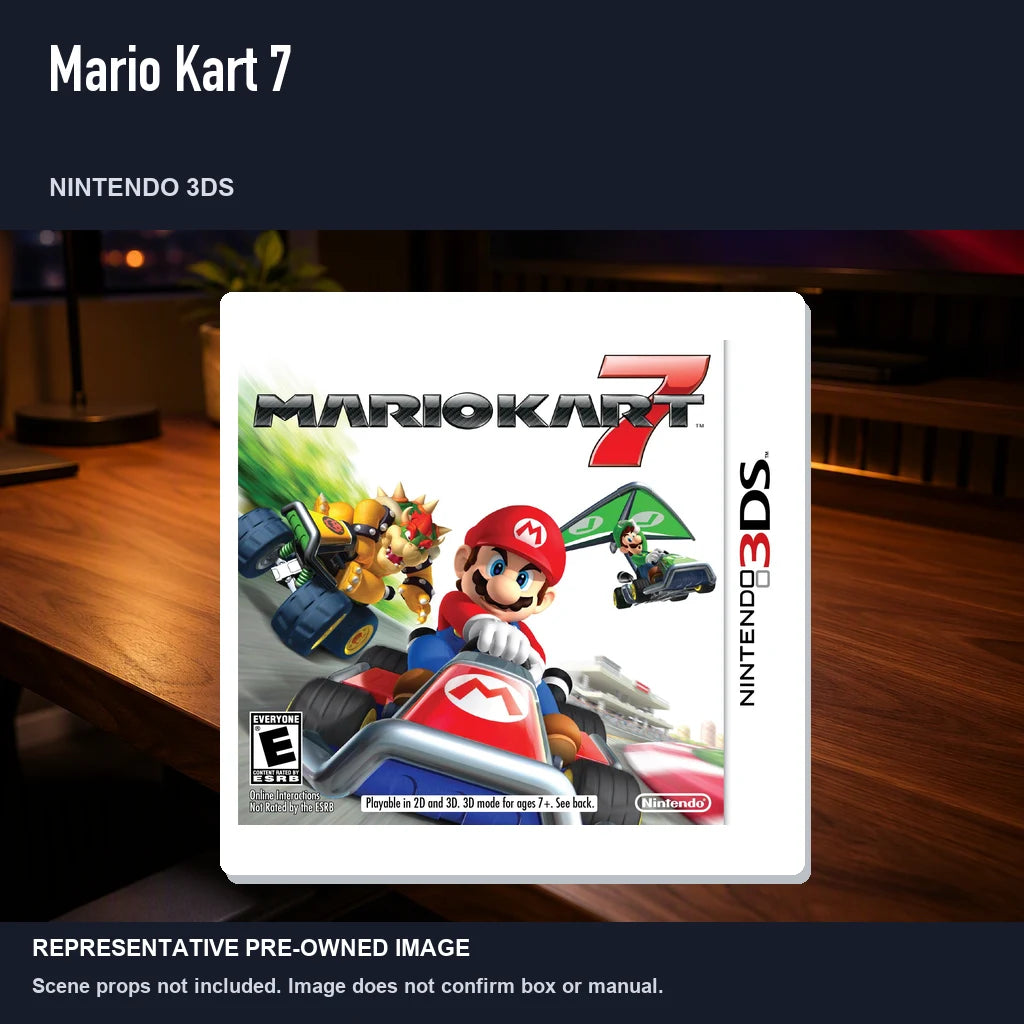 Representative pre-owned Mario Kart 7 (Nintendo 3DS), product image in a styled desk scene.