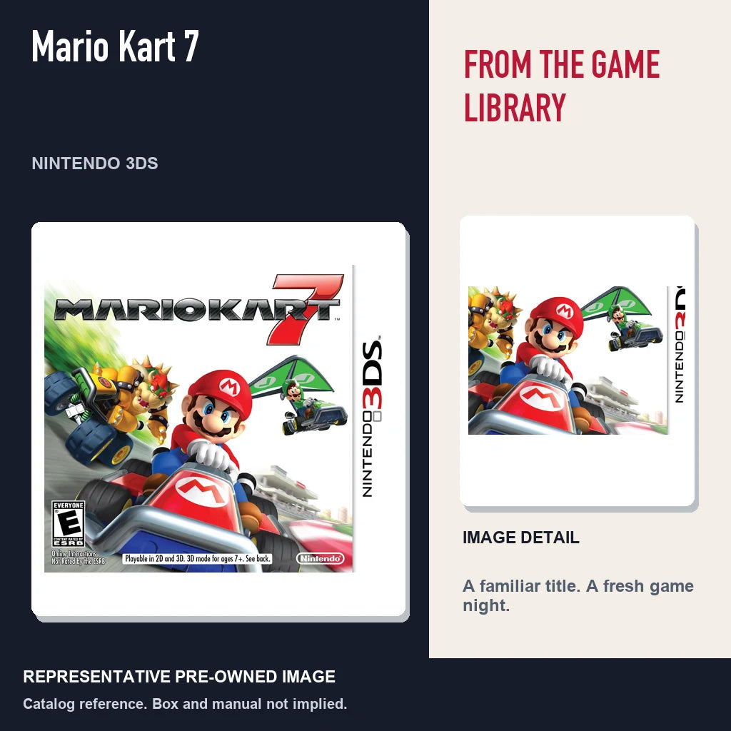 Representative pre-owned Mario Kart 7 (Nintendo 3DS), editorial image and detail.