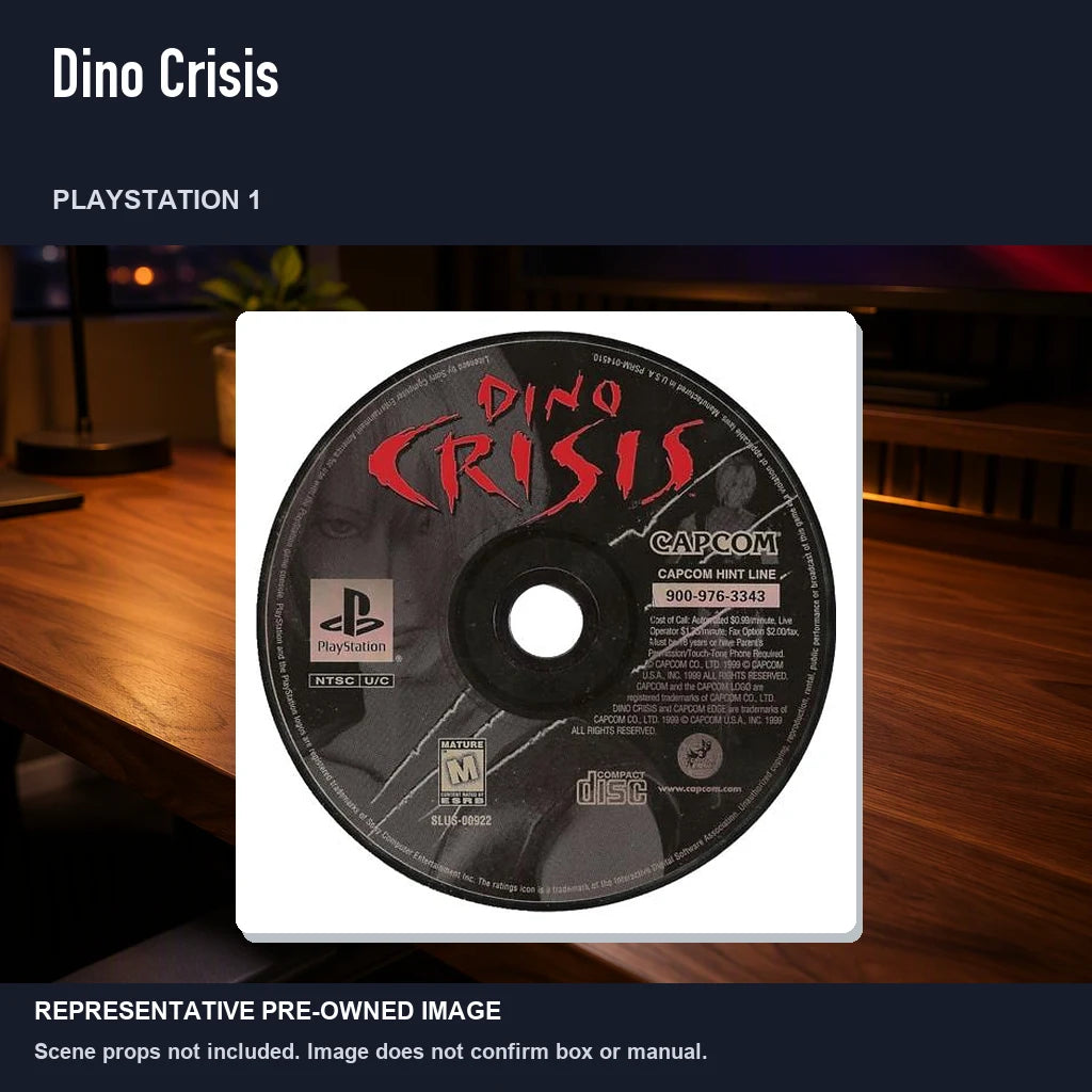 Representative pre-owned Dino Crisis (PlayStation 1), product image in a styled desk scene.
