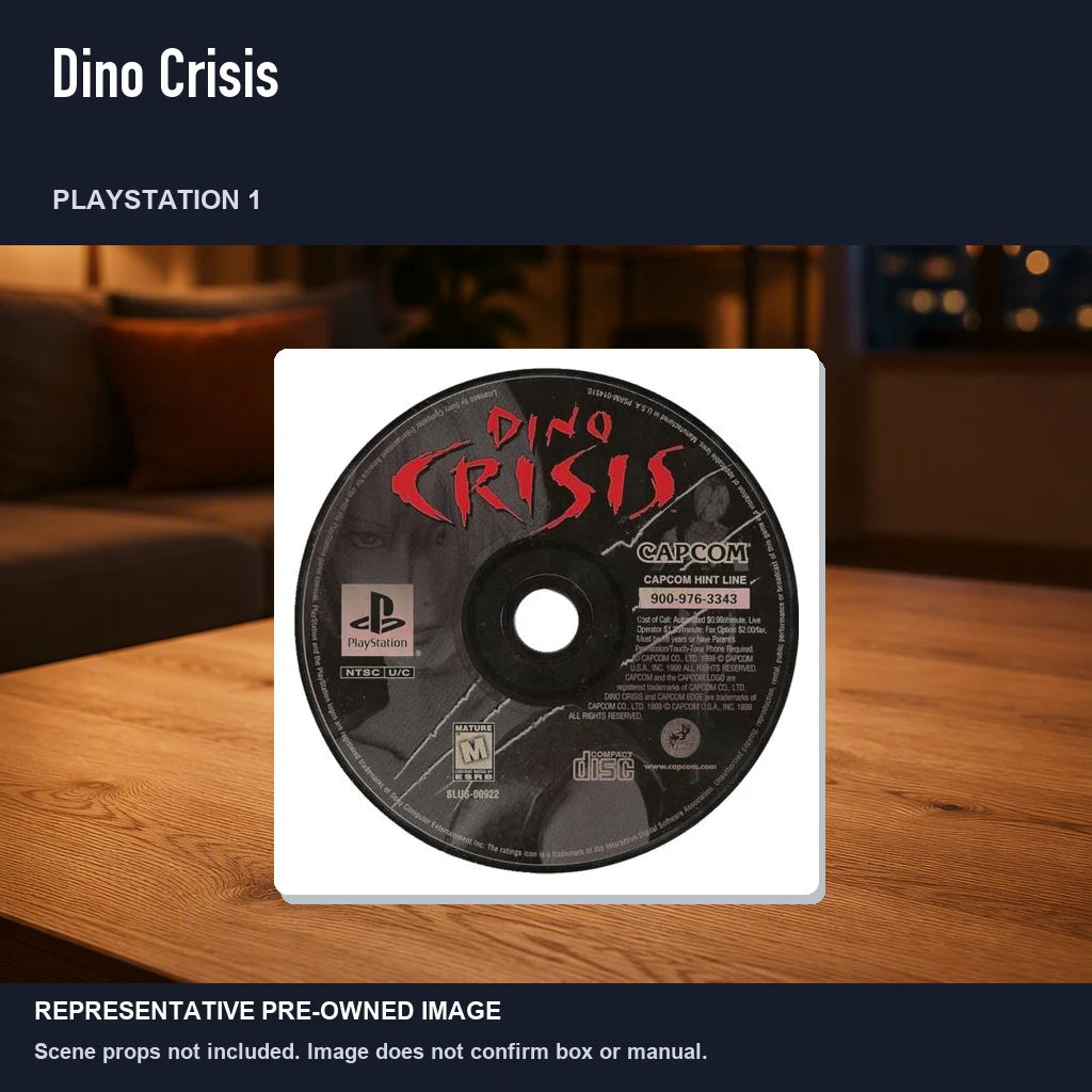 Representative pre-owned Dino Crisis (PlayStation 1), product image in a styled room scene.
