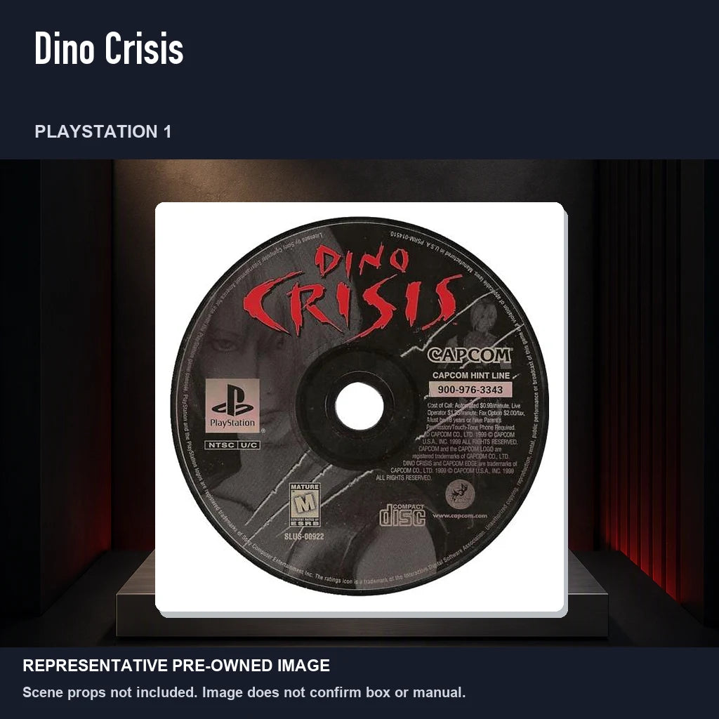 Representative pre-owned Dino Crisis (PlayStation 1), product image on a display panel.