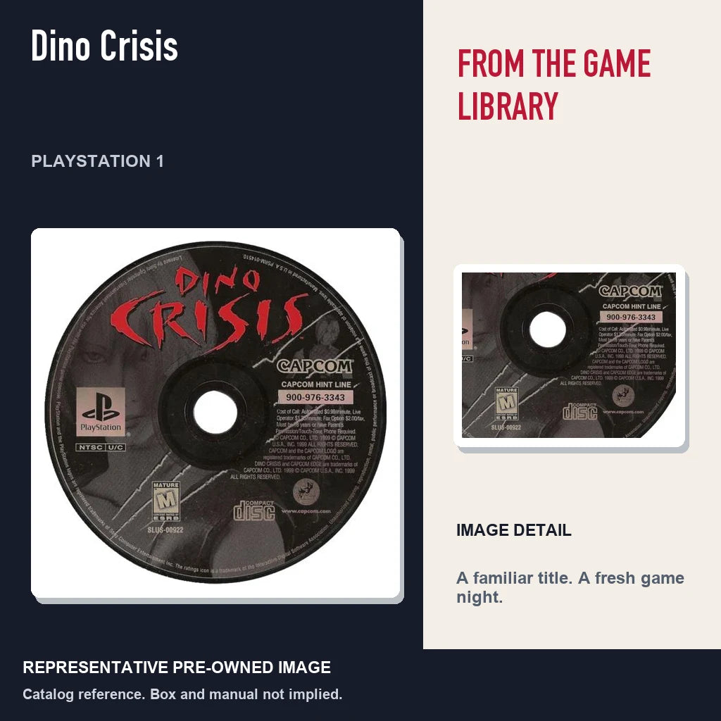 Representative pre-owned Dino Crisis (PlayStation 1), editorial image and detail.