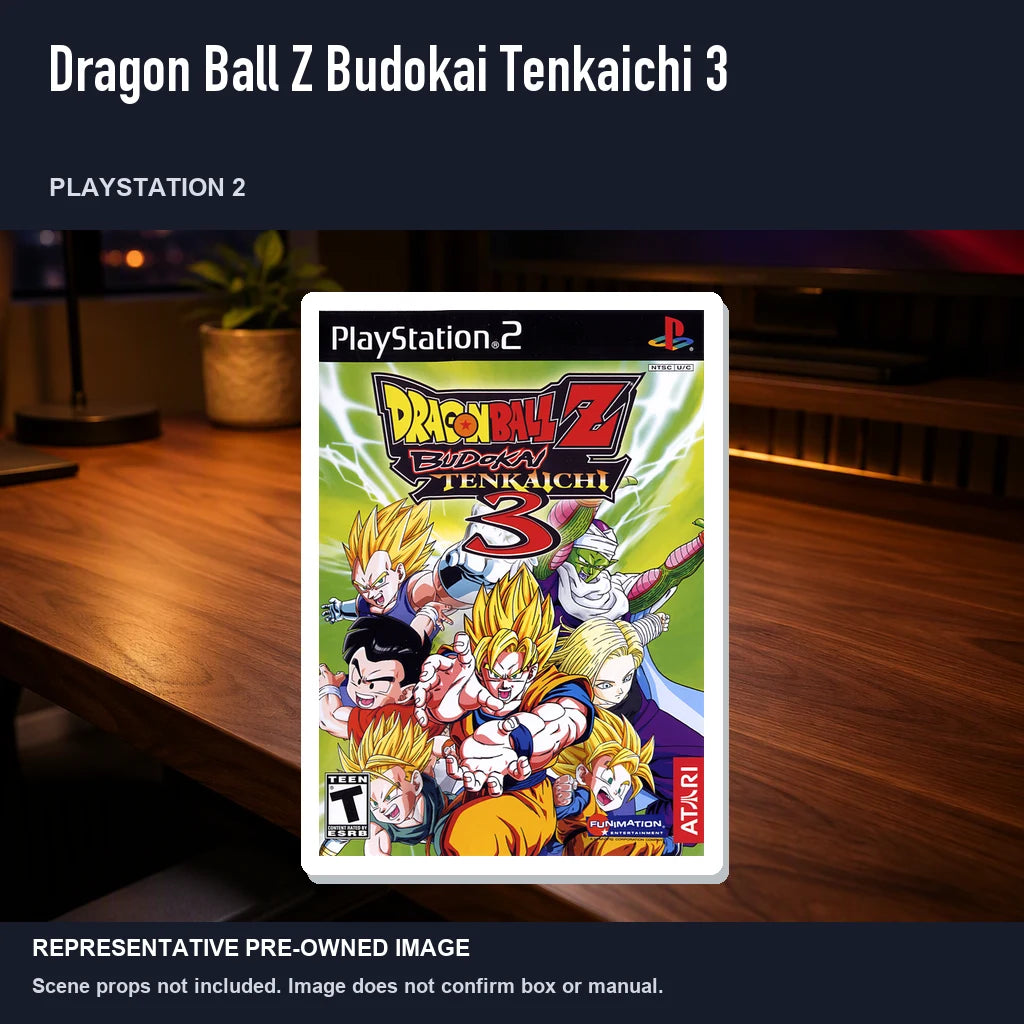 Representative pre-owned Dragon Ball Z Budokai Tenkaichi 3 (PlayStation 2), product image in a styled desk scene.