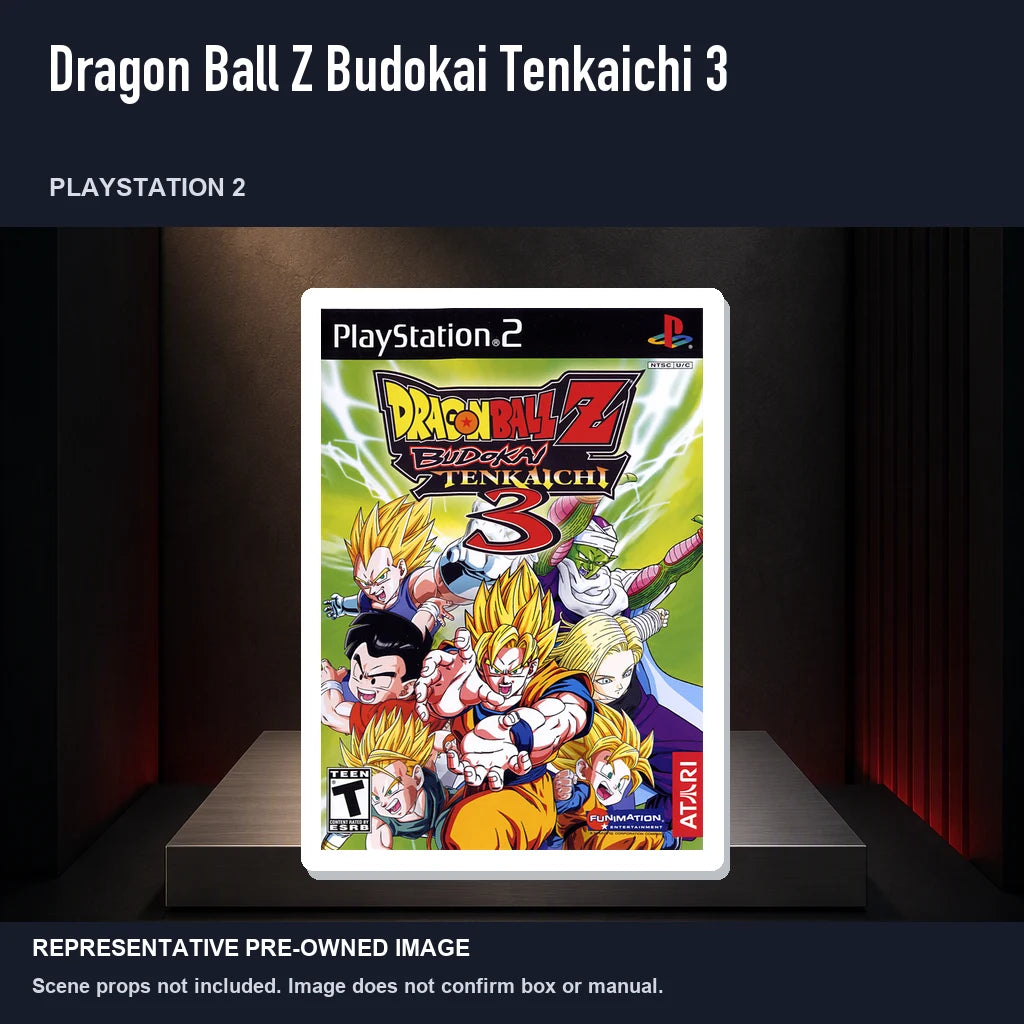 Representative pre-owned Dragon Ball Z Budokai Tenkaichi 3 (PlayStation 2), product image on a display panel.