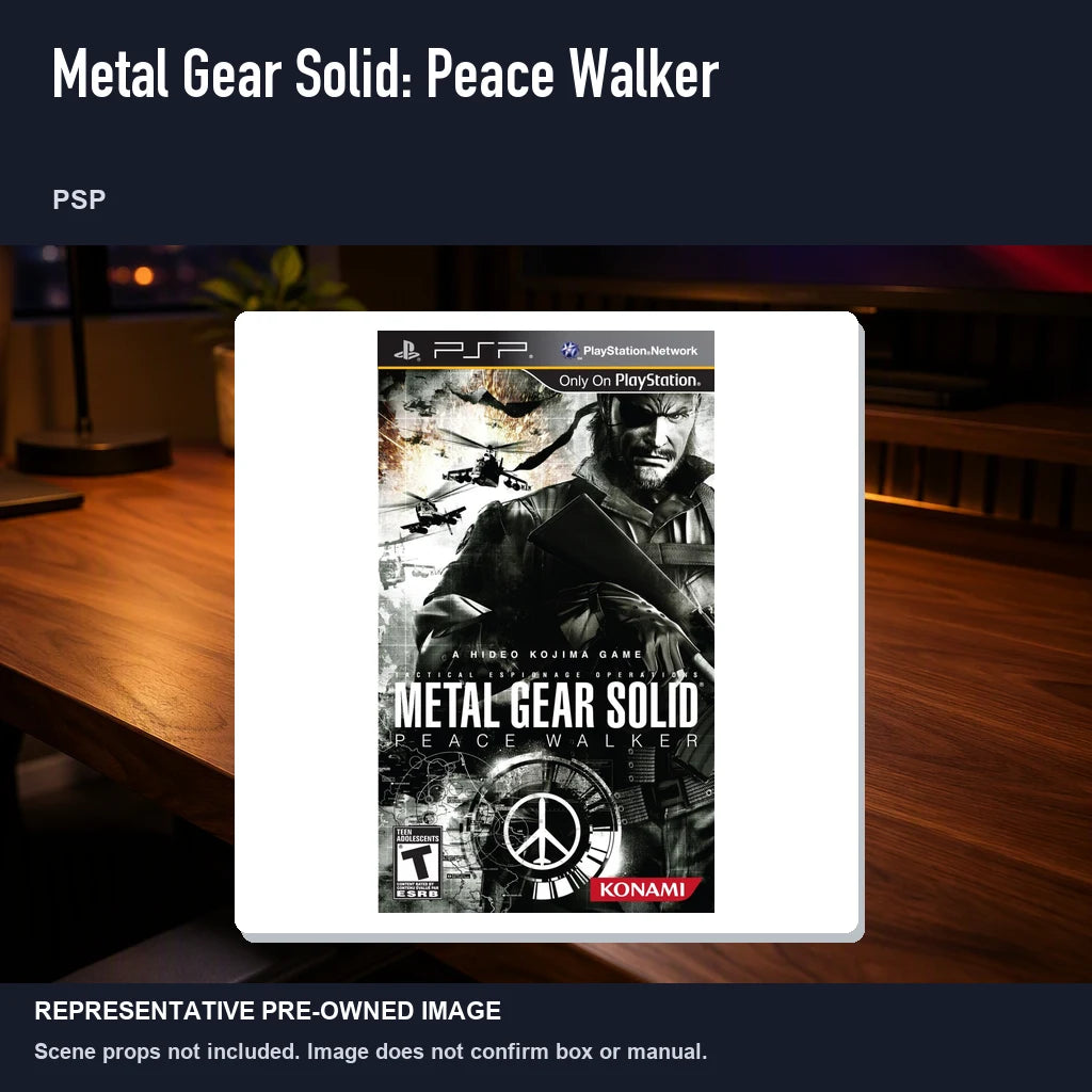 Representative pre-owned Metal Gear Solid: Peace Walker (PSP), product image in a styled desk scene.