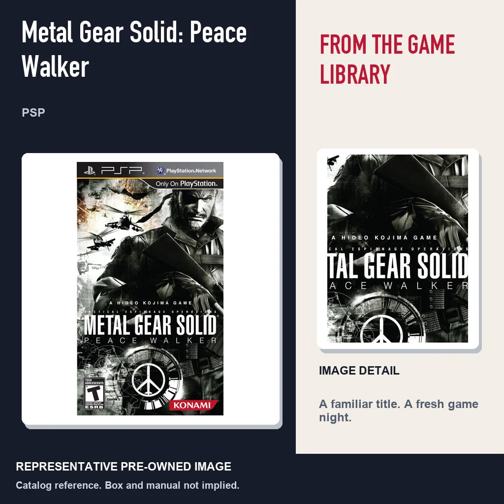 Representative pre-owned Metal Gear Solid: Peace Walker (PSP), editorial image and detail.