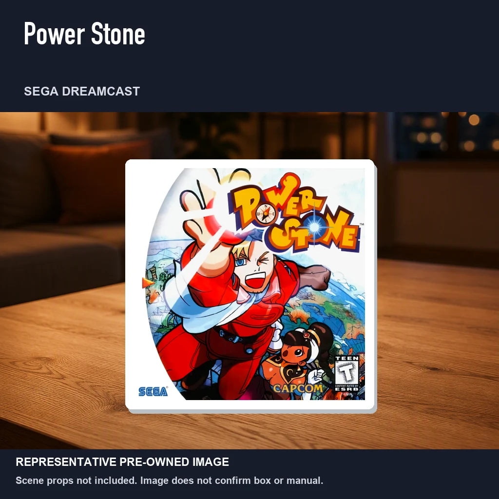 Representative pre-owned Power Stone (Sega Dreamcast), product image in a styled room scene.