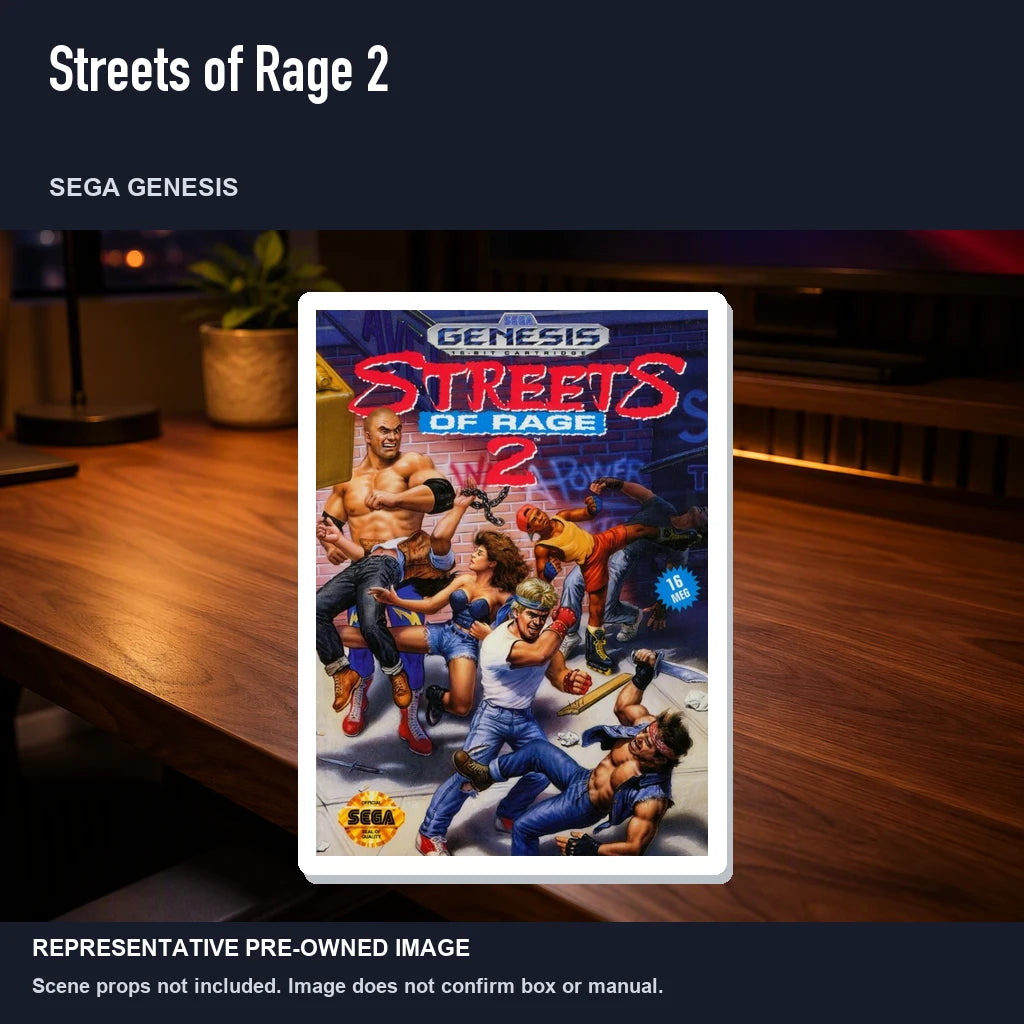 Representative pre-owned Streets of Rage 2 (Sega Genesis), product image in a styled desk scene.