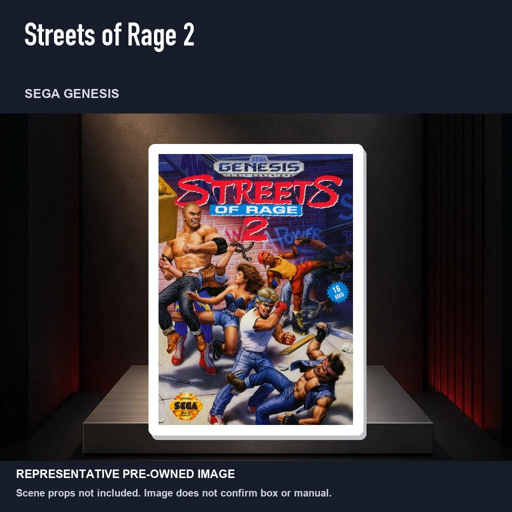 Representative pre-owned Streets of Rage 2 (Sega Genesis), product image on a display panel.