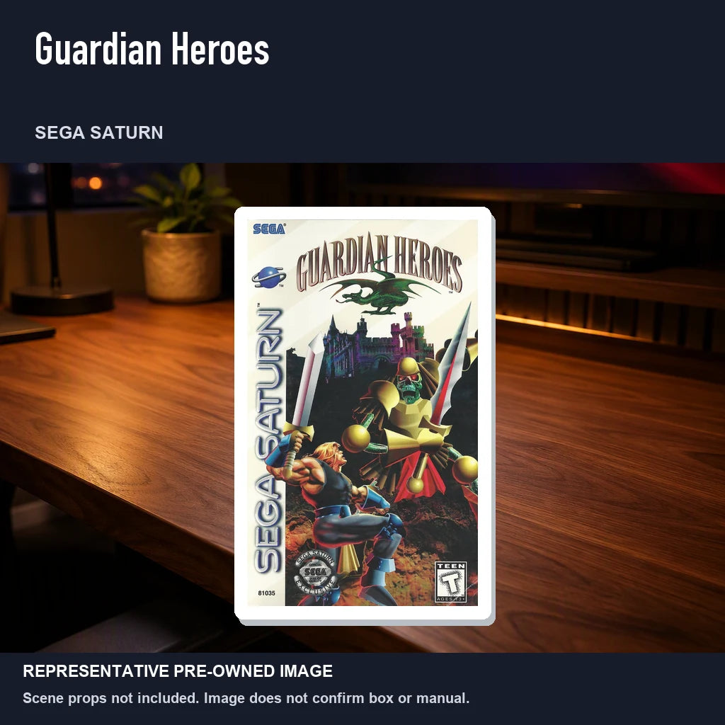 Representative pre-owned Guardian Heroes (Sega Saturn), product image in a styled desk scene.