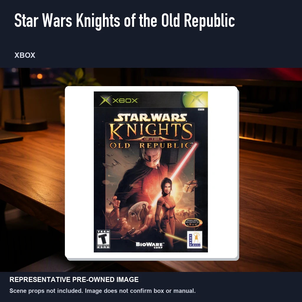 Representative pre-owned Star Wars Knights of the Old Republic (Xbox), product image in a styled desk scene.