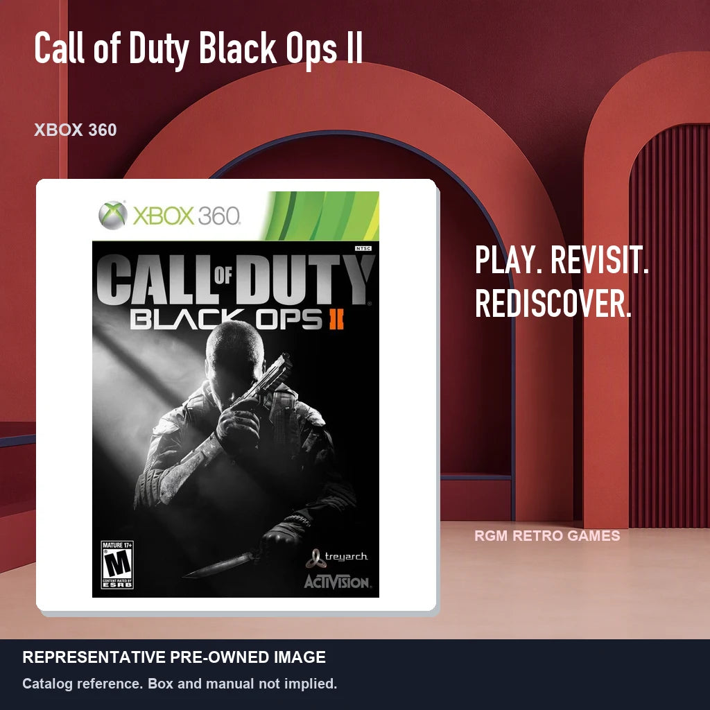 Representative pre-owned Call of Duty Black Ops II (Xbox 360), red retro product layout.