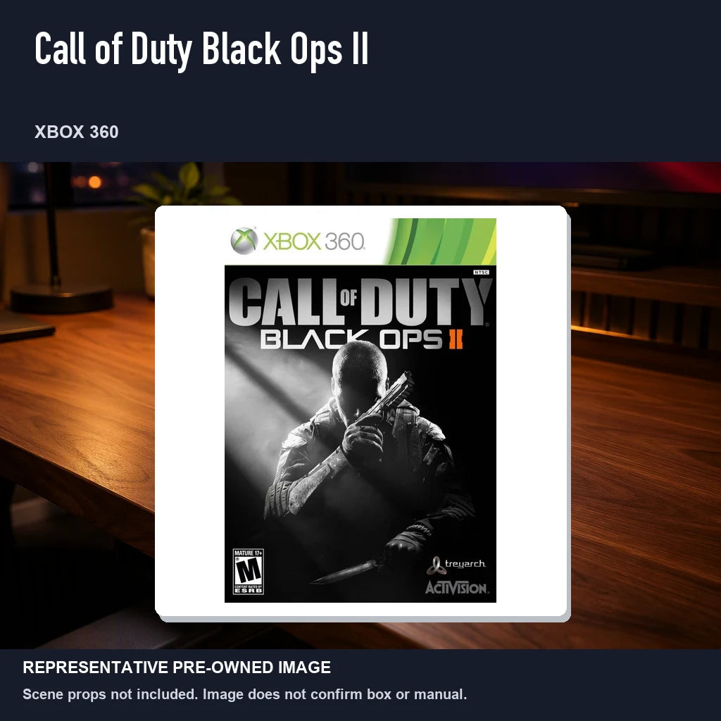 Representative pre-owned Call of Duty Black Ops II (Xbox 360), product image in a styled desk scene.