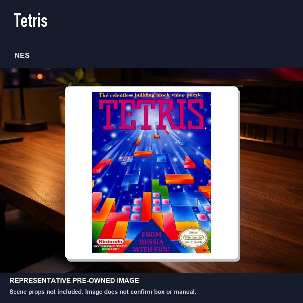 Representative pre-owned Tetris (NES), product image in a styled desk scene.