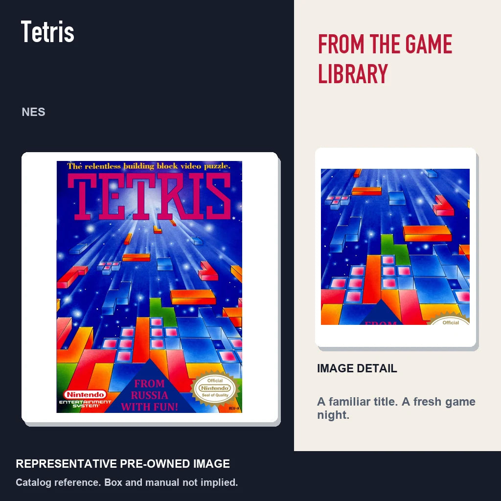 Representative pre-owned Tetris (NES), editorial image and detail.