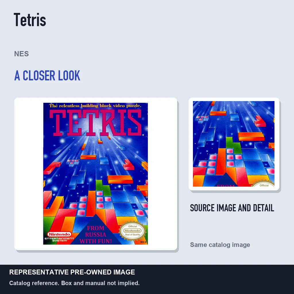 Representative pre-owned Tetris (NES), full image with detail inset.
