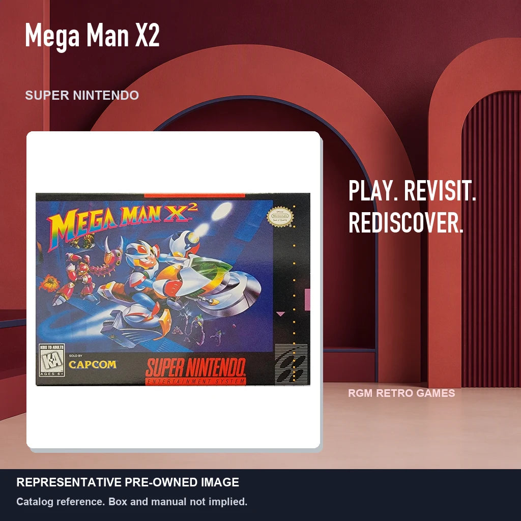 Representative pre-owned Mega Man X2 (Super Nintendo), red retro product layout.