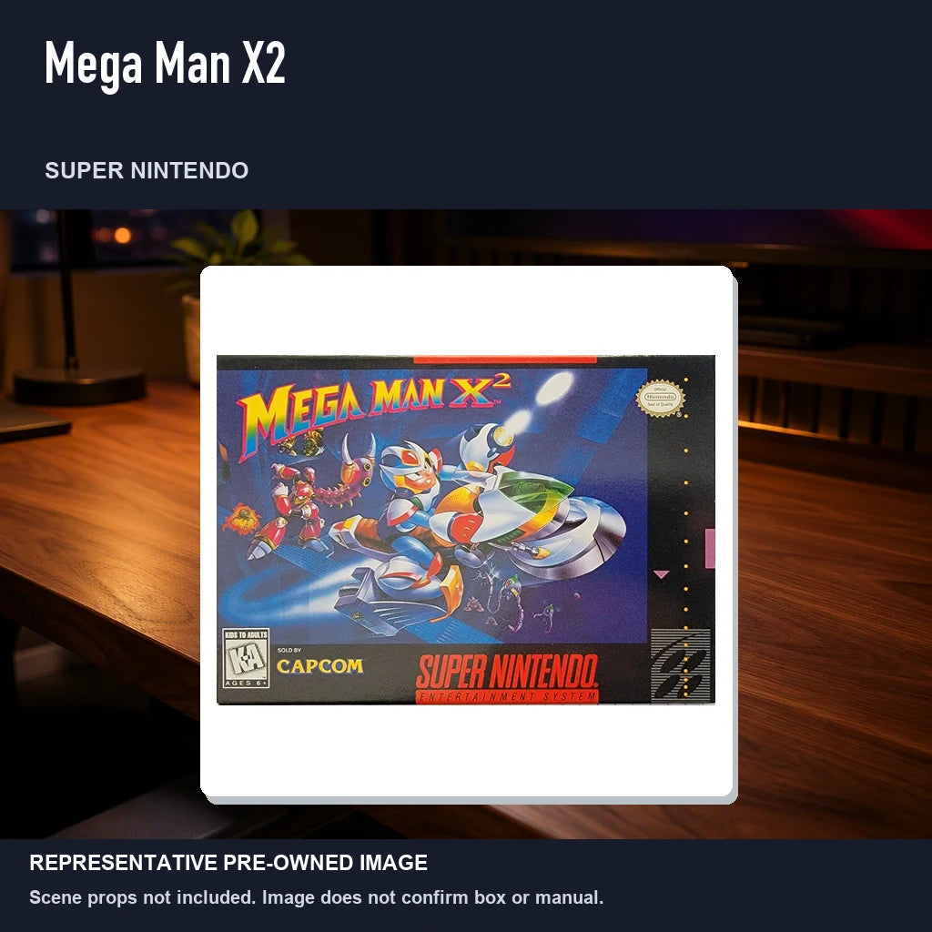 Representative pre-owned Mega Man X2 (Super Nintendo), product image in a styled desk scene.