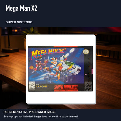 Representative pre-owned Mega Man X2 (Super Nintendo), product image in a styled desk scene.
