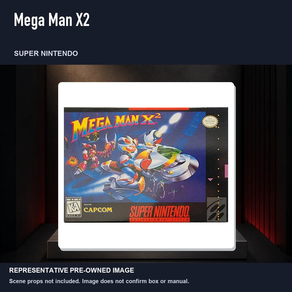 Representative pre-owned Mega Man X2 (Super Nintendo), product image on a display panel.
