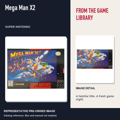 Representative pre-owned Mega Man X2 (Super Nintendo), editorial image and detail.