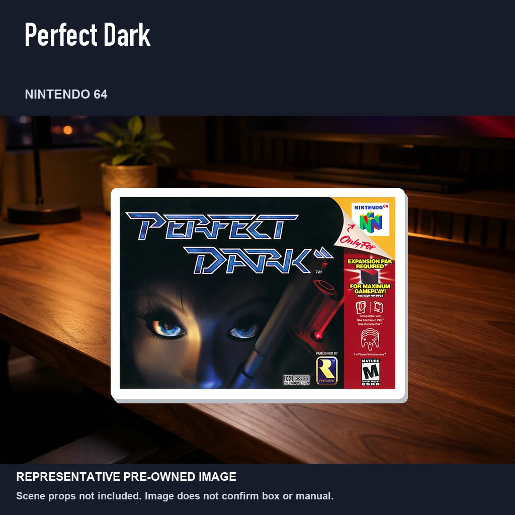 Representative pre-owned Perfect Dark (Nintendo 64), product image in a styled desk scene.
