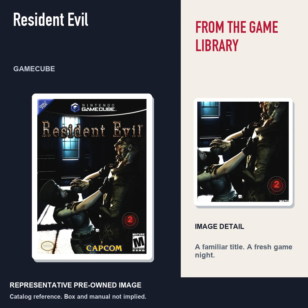 Representative pre-owned Resident Evil (GameCube), editorial image and detail.