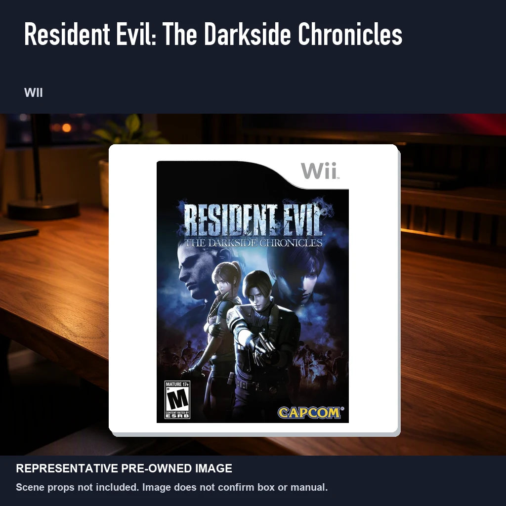 Representative pre-owned Resident Evil: The Darkside Chronicles (Wii), product image in a styled desk scene.