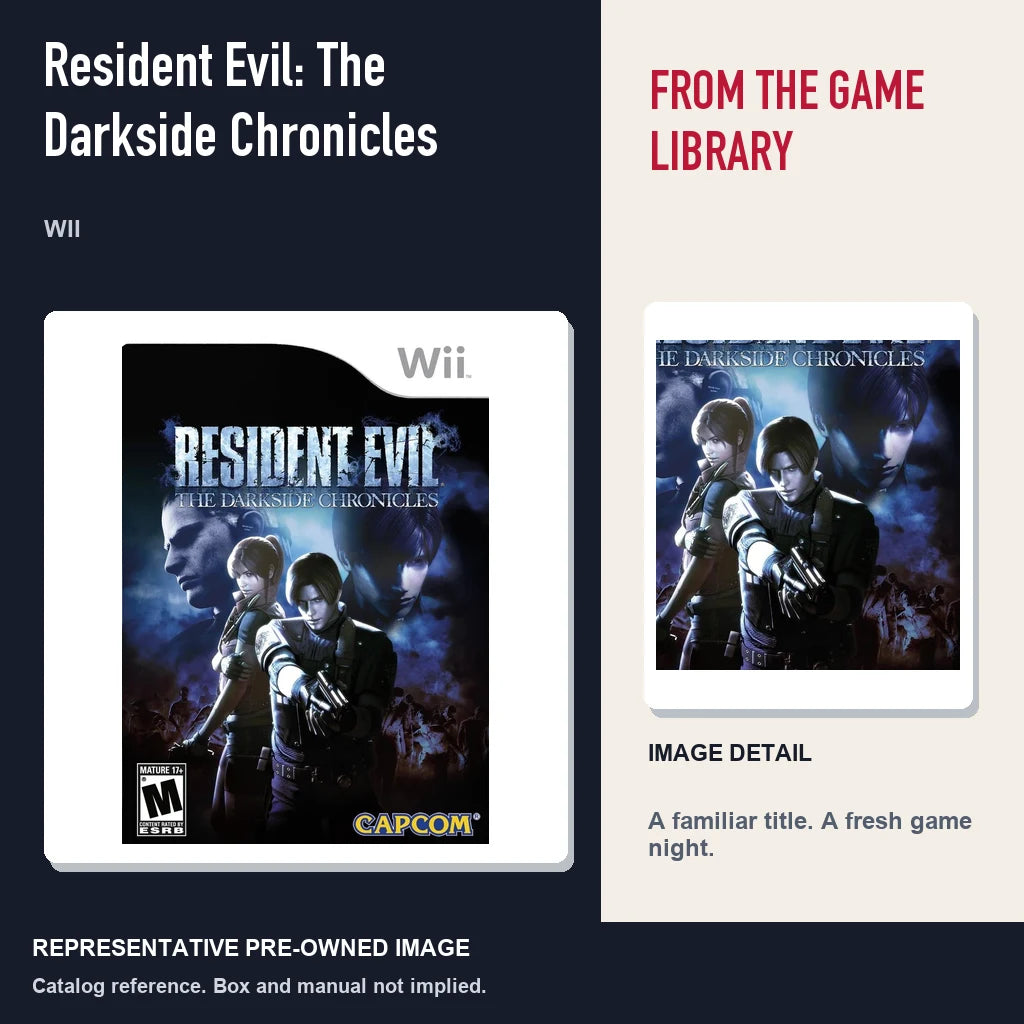 Representative pre-owned Resident Evil: The Darkside Chronicles (Wii), editorial image and detail.