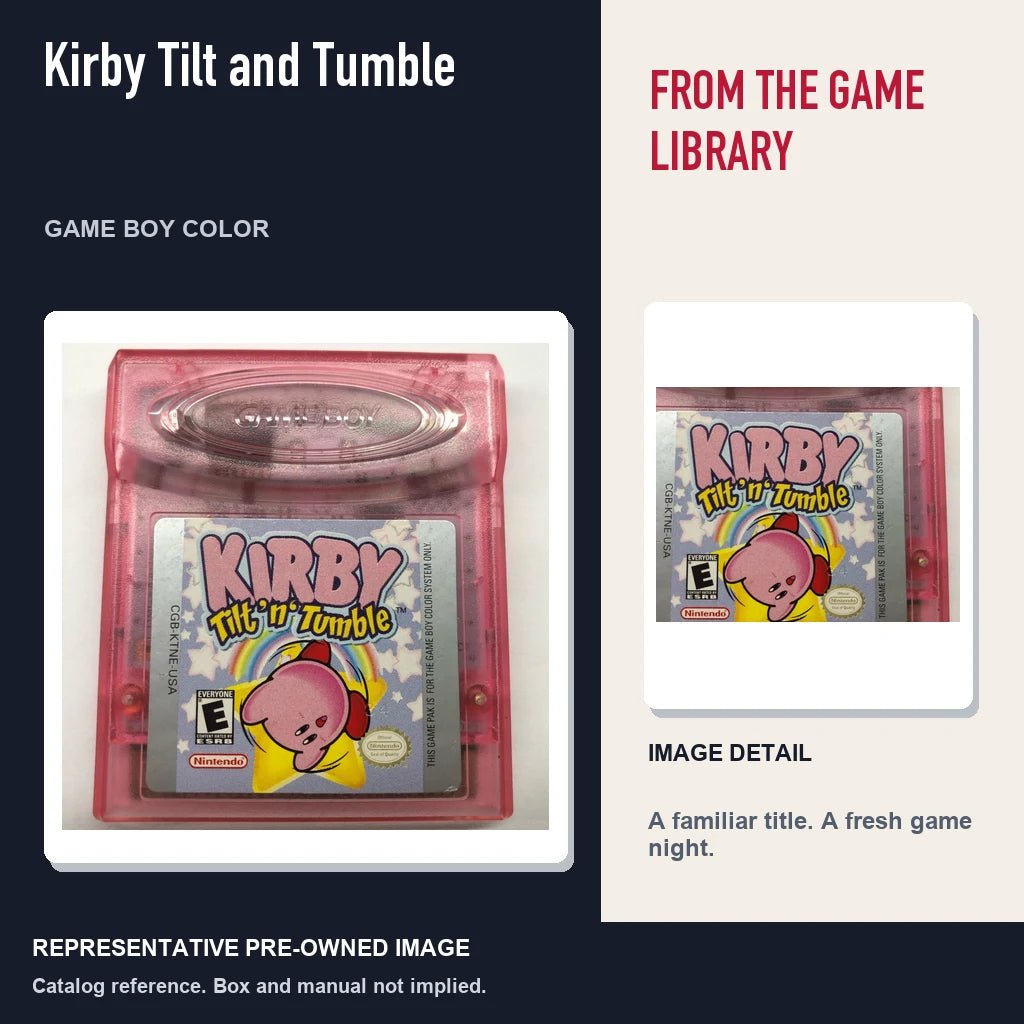 Representative pre-owned Kirby Tilt and Tumble (Game Boy Color), editorial image and detail.