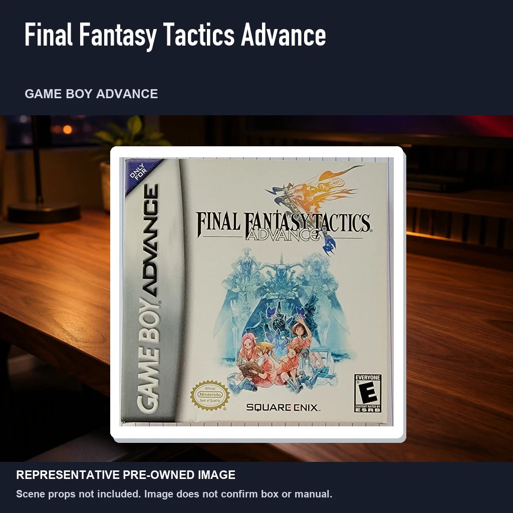 Representative pre-owned Final Fantasy Tactics Advance (Game Boy Advance), product image in a styled desk scene.