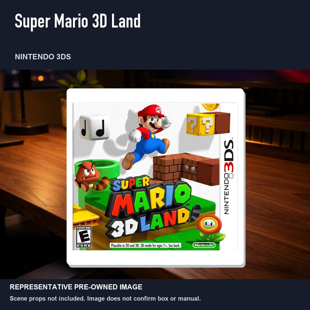 Representative pre-owned Super Mario 3D Land (Nintendo 3DS), product image in a styled desk scene.