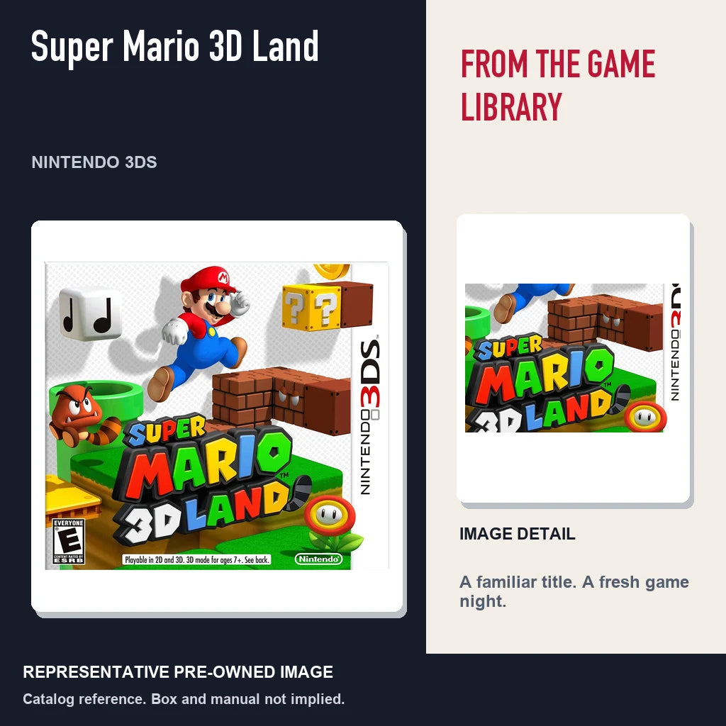 Representative pre-owned Super Mario 3D Land (Nintendo 3DS), editorial image and detail.