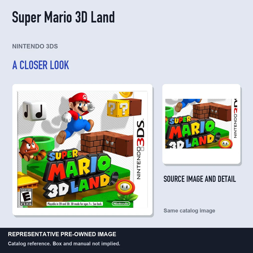 Representative pre-owned Super Mario 3D Land (Nintendo 3DS), full image with detail inset.