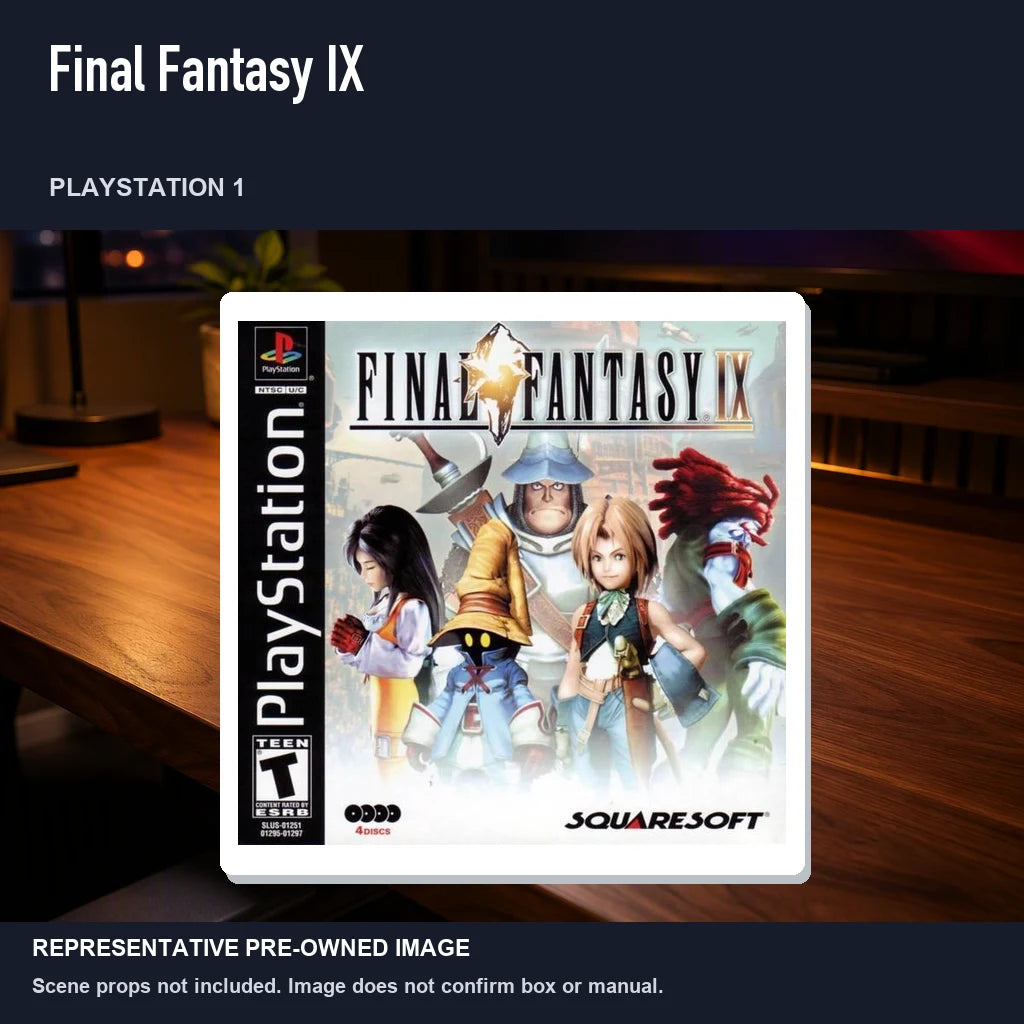 Representative pre-owned Final Fantasy IX (PlayStation 1), product image in a styled desk scene.