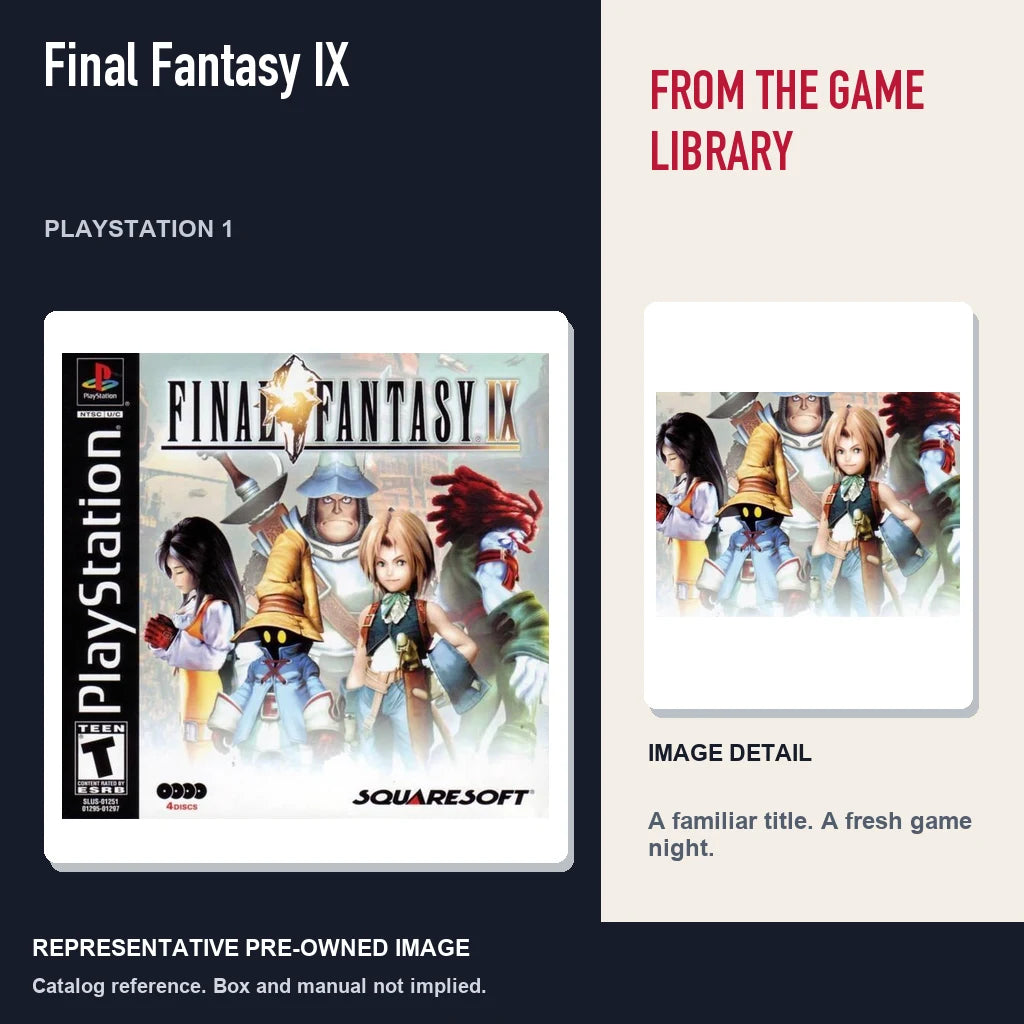 Representative pre-owned Final Fantasy IX (PlayStation 1), editorial image and detail.