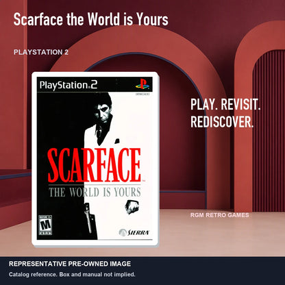 Representative pre-owned Scarface the World is Yours (PlayStation 2), red retro product layout.