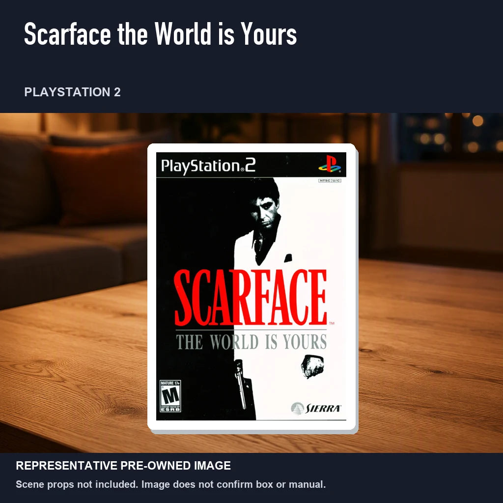 Representative pre-owned Scarface the World is Yours (PlayStation 2), product image in a styled room scene.