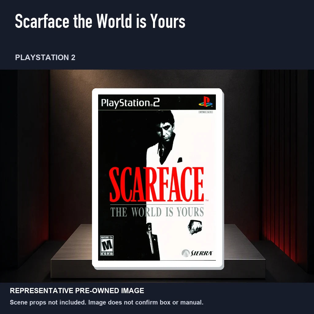 Representative pre-owned Scarface the World is Yours (PlayStation 2), product image on a display panel.