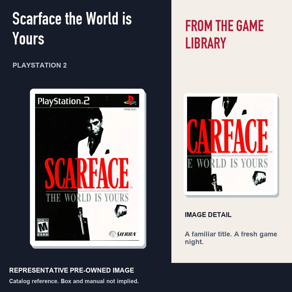 Representative pre-owned Scarface the World is Yours (PlayStation 2), editorial image and detail.