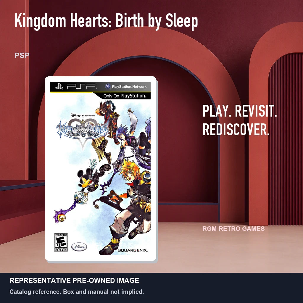 Representative pre-owned Kingdom Hearts: Birth by Sleep (PSP), red retro product layout.