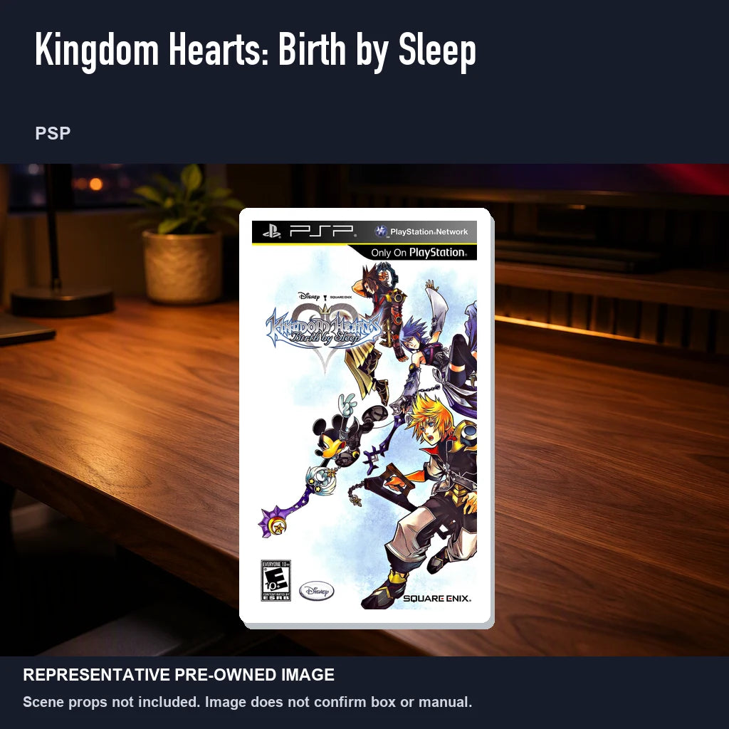Representative pre-owned Kingdom Hearts: Birth by Sleep (PSP), product image in a styled desk scene.