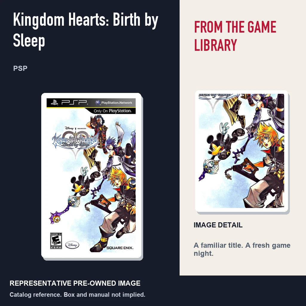 Representative pre-owned Kingdom Hearts: Birth by Sleep (PSP), editorial image and detail.