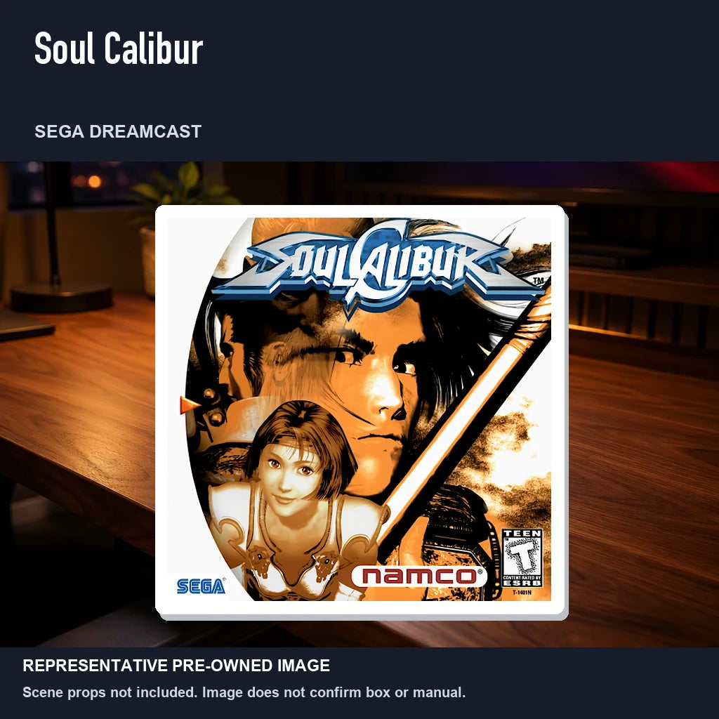 Representative pre-owned Soul Calibur (Sega Dreamcast), product image in a styled desk scene.