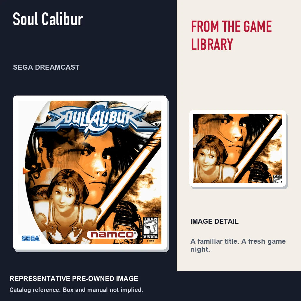 Representative pre-owned Soul Calibur (Sega Dreamcast), editorial image and detail.