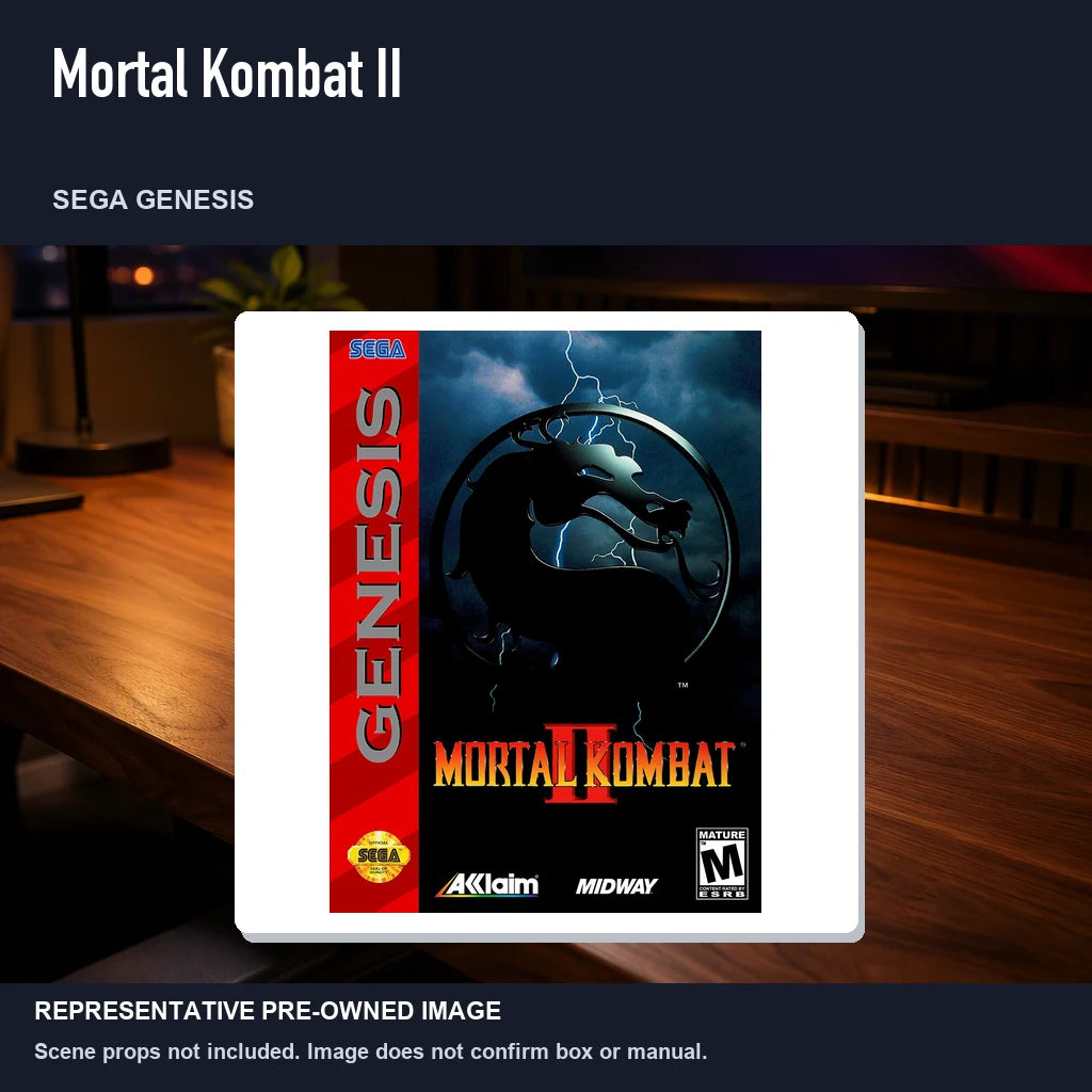 Representative pre-owned Mortal Kombat II (Sega Genesis), product image in a styled desk scene.