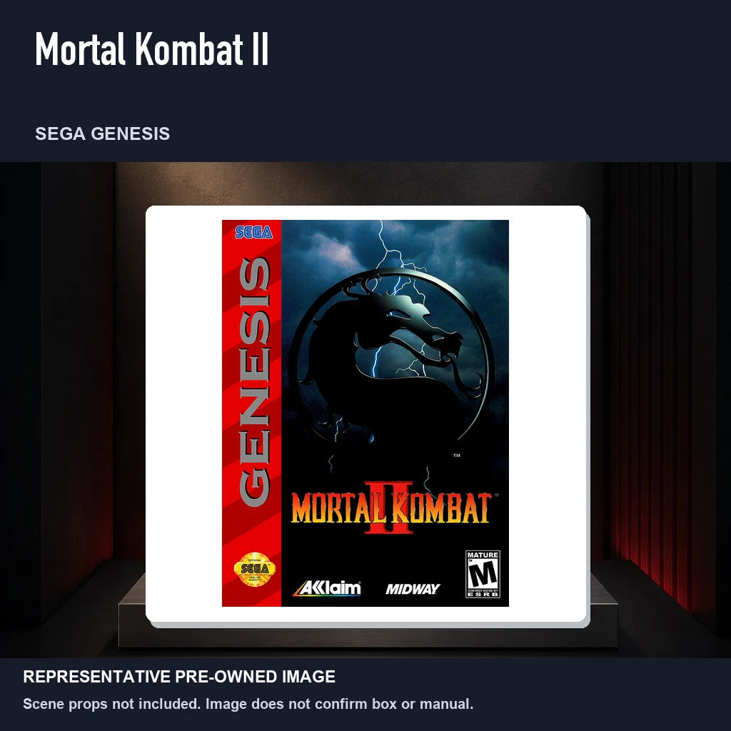 Representative pre-owned Mortal Kombat II (Sega Genesis), product image on a display panel.