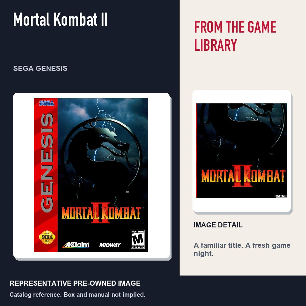 Representative pre-owned Mortal Kombat II (Sega Genesis), editorial image and detail.