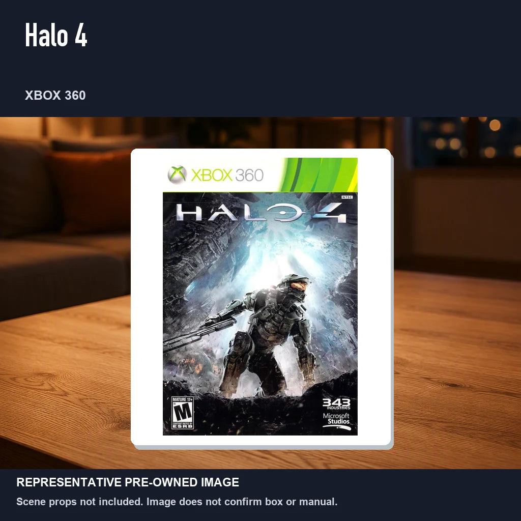 Representative pre-owned Halo 4 (Xbox 360), product image in a styled room scene.