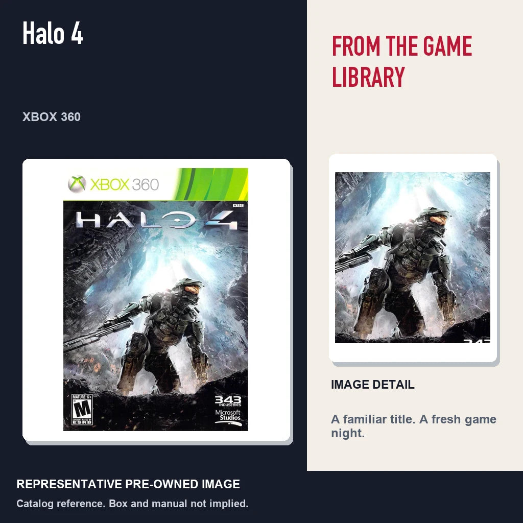Representative pre-owned Halo 4 (Xbox 360), editorial image and detail.